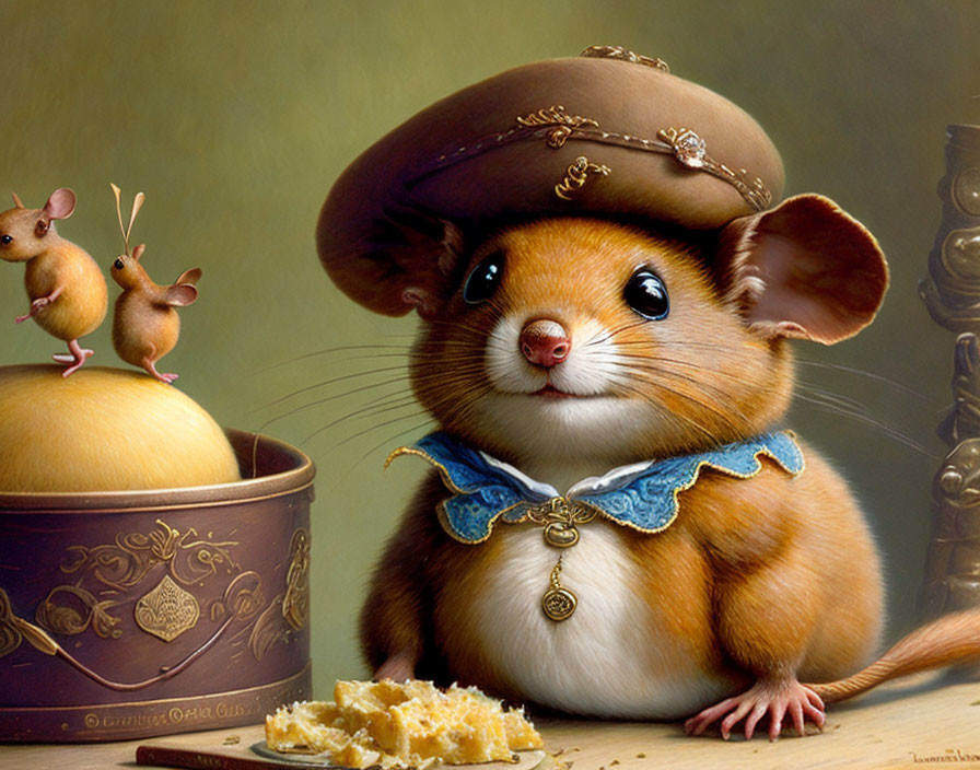 Anthropomorphic mouse in regal attire with crown and cheese.