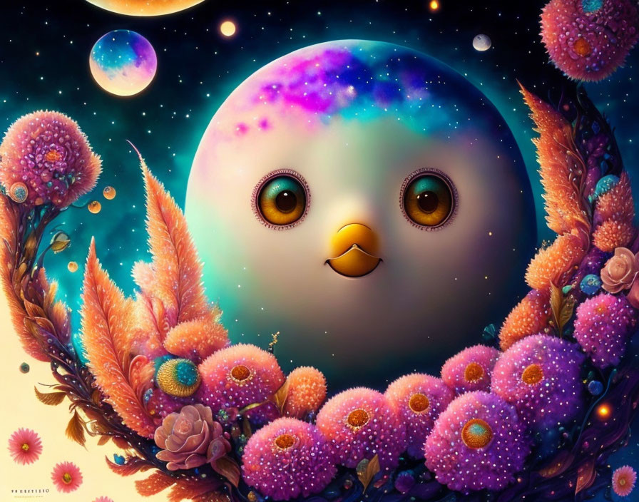 Colorful whimsical chick in cosmic setting with moon and fantastical flora