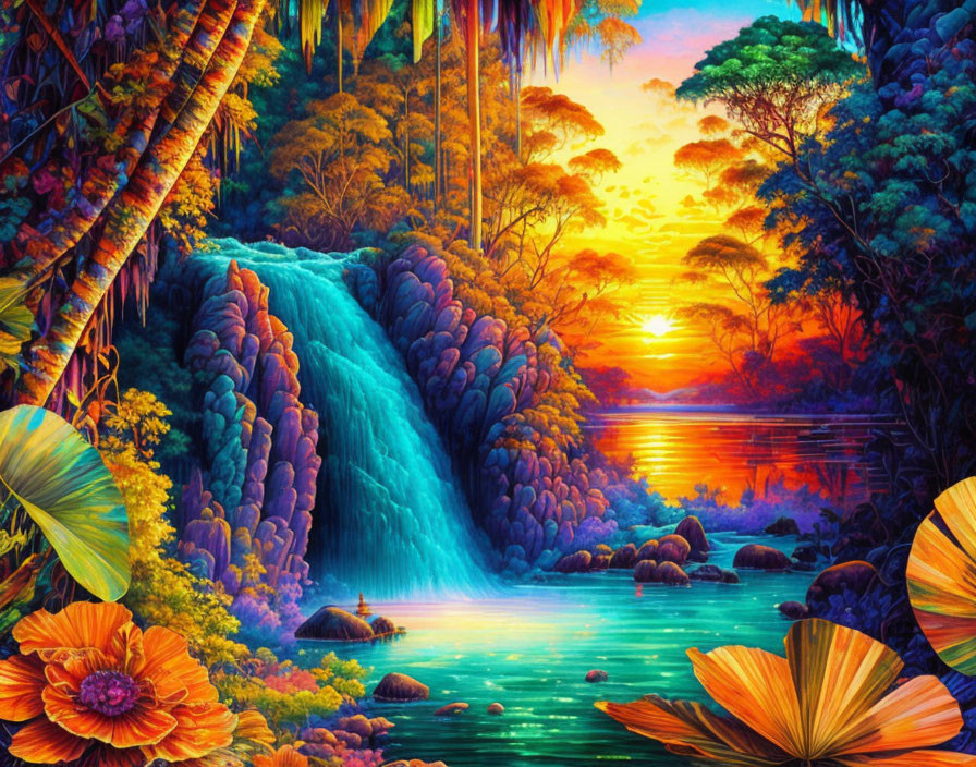 Tropical Waterfall Scene with Lush Foliage and Sunset