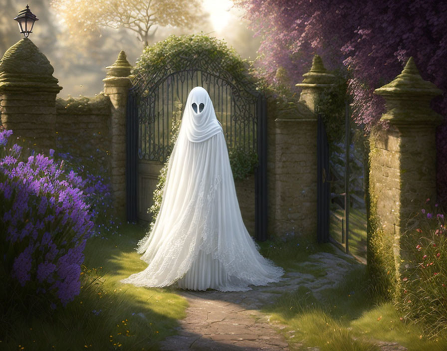 Ghostly Figure in White Sheet at Garden Gate Amidst Greenery and Flowers