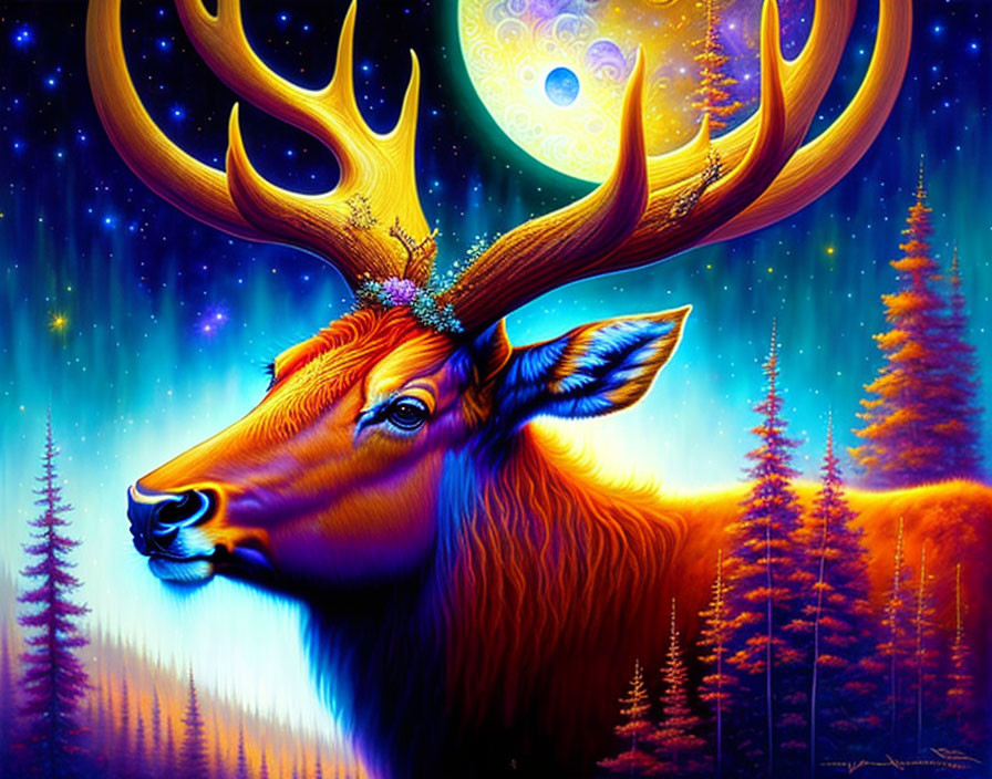 Majestic elk in vibrant digital artwork with night sky and forest