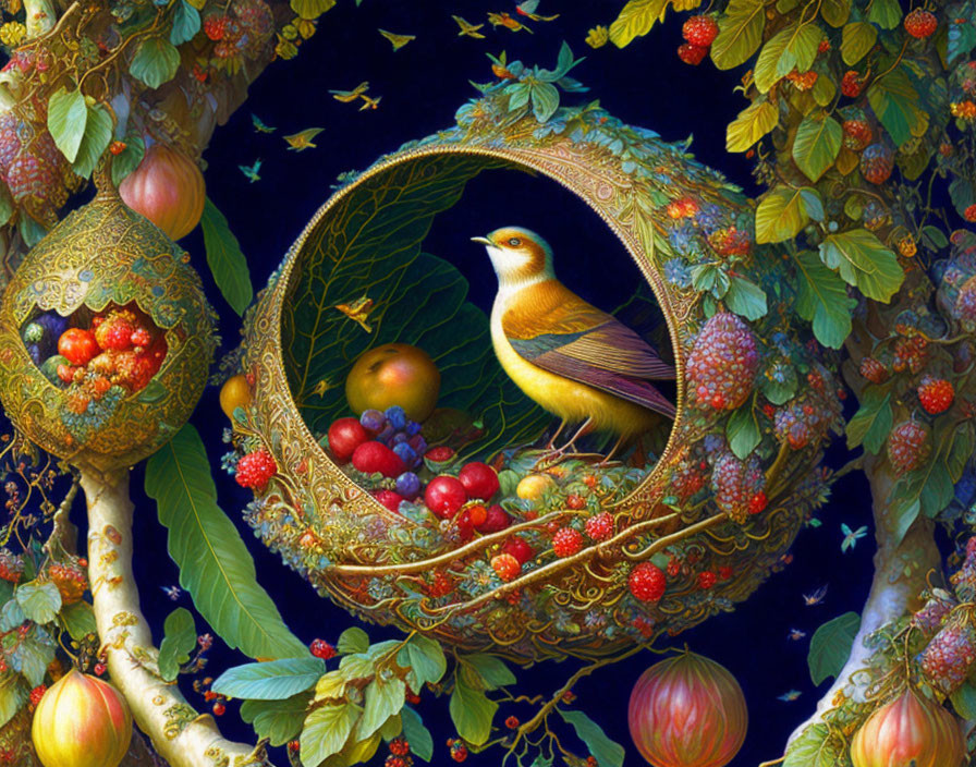 Colorful bird in decorative nest with fruits and foliage under starry sky