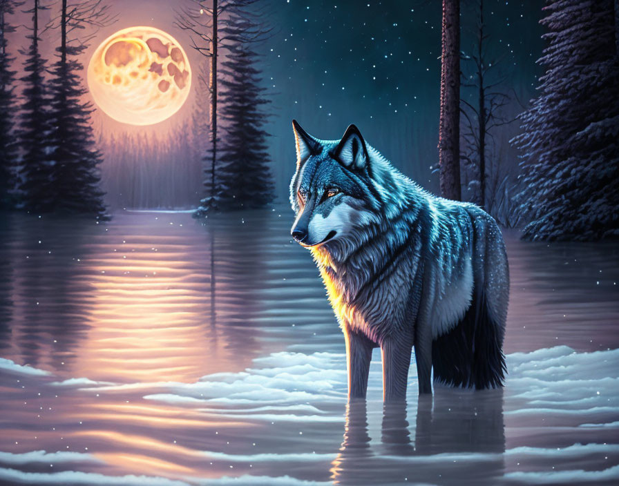 Wolf by Tranquil Lake with Full Moon Reflection in Snowy Twilight