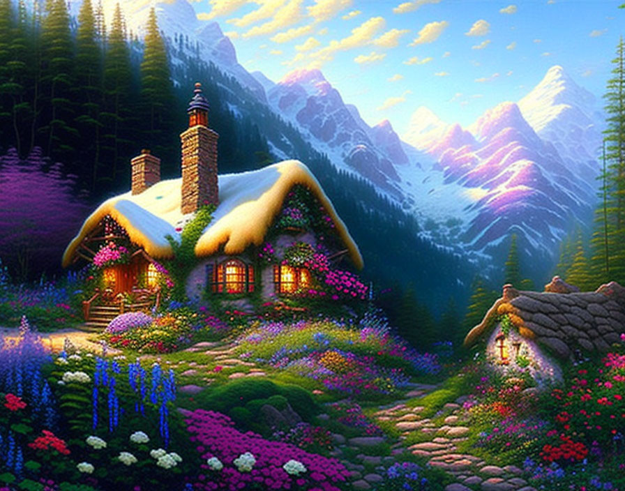 Snow-covered cottage in colorful garden with mountain backdrop at twilight