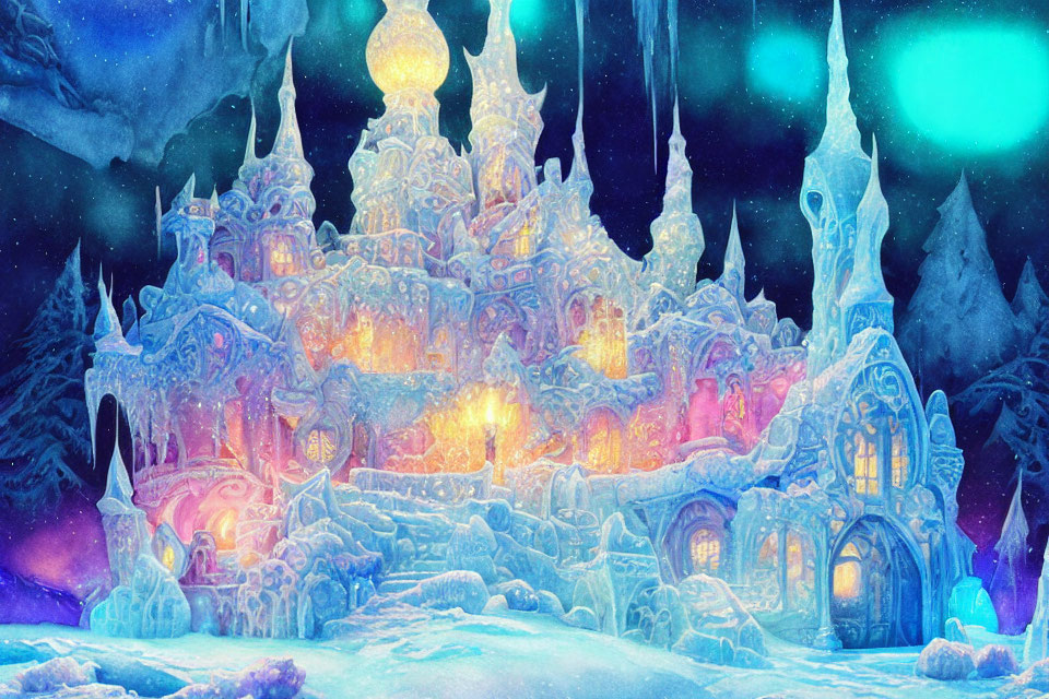 Enchanting ice castle at night with glowing windows and aurora lights