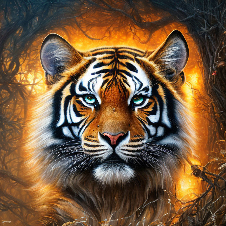 Digital Artwork: Tiger's Face with Blue Eyes in Fiery Forest