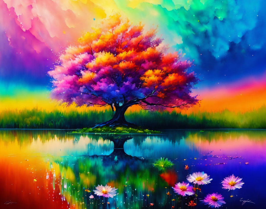 Colorful Tree Painting: Pink and Purple Leaves, Reflecting in Water