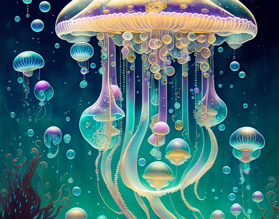 Vibrant jellyfish illustration with ornate centerpiece