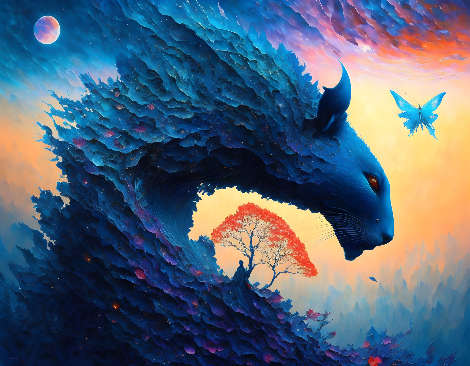 Colorful fantasy art: Blue dragon, tree, vibrant sky, moon, floating islands