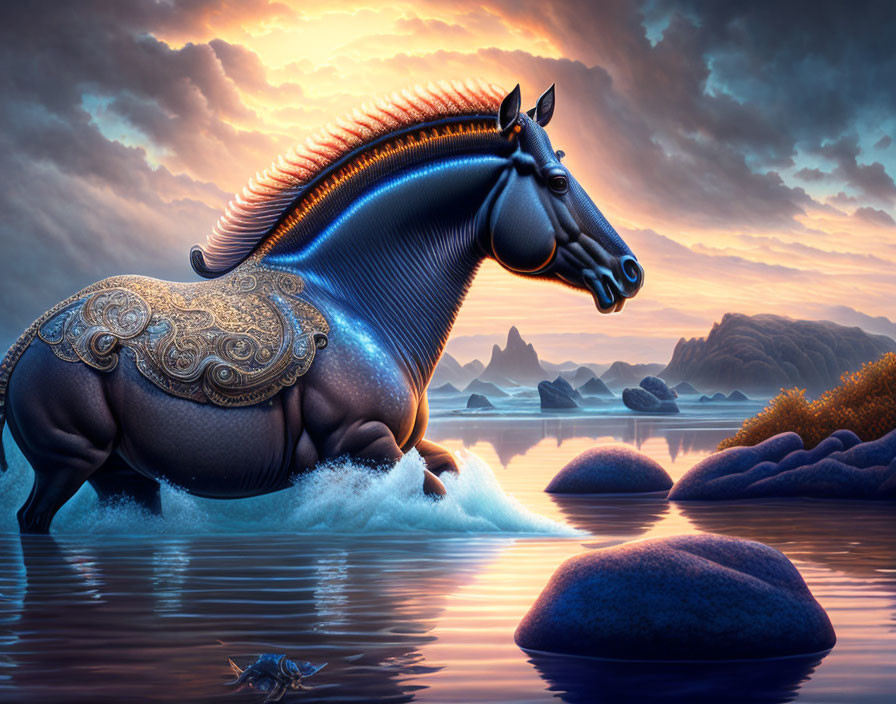 Fantastical blue horse in ornate armor at sunset with mountains