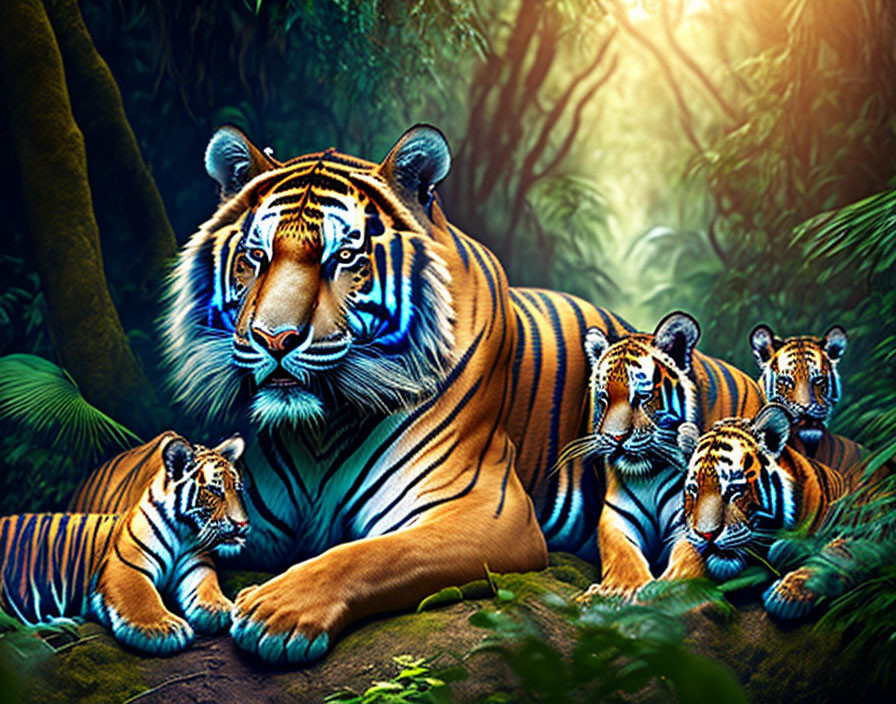 Illustration: Tiger with Three Cubs in Lush Jungle