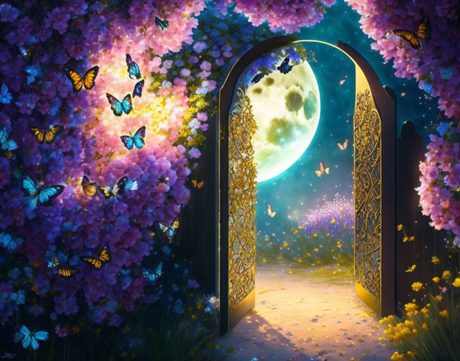 Ornate gate and magical pathway under starry sky with full moon, vibrant flowers, and butterflies