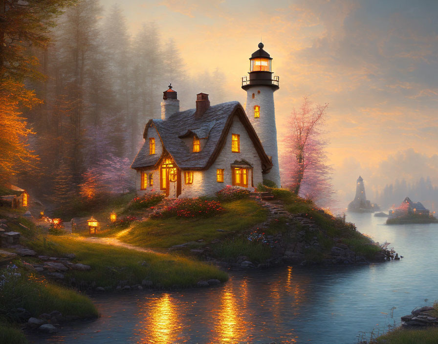 Tranquil twilight landscape with cozy cottage and lighthouse on island