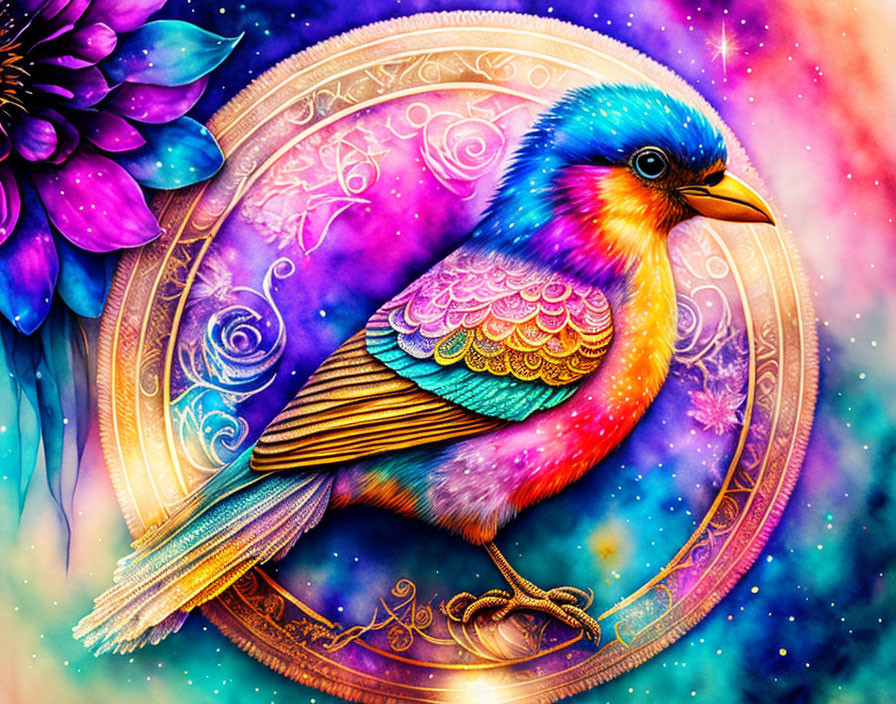 Colorful Bird with Detailed Feathers in Cosmic Setting