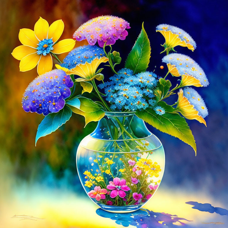 Colorful Flowers in Glass Vase Painting with Dewdrops