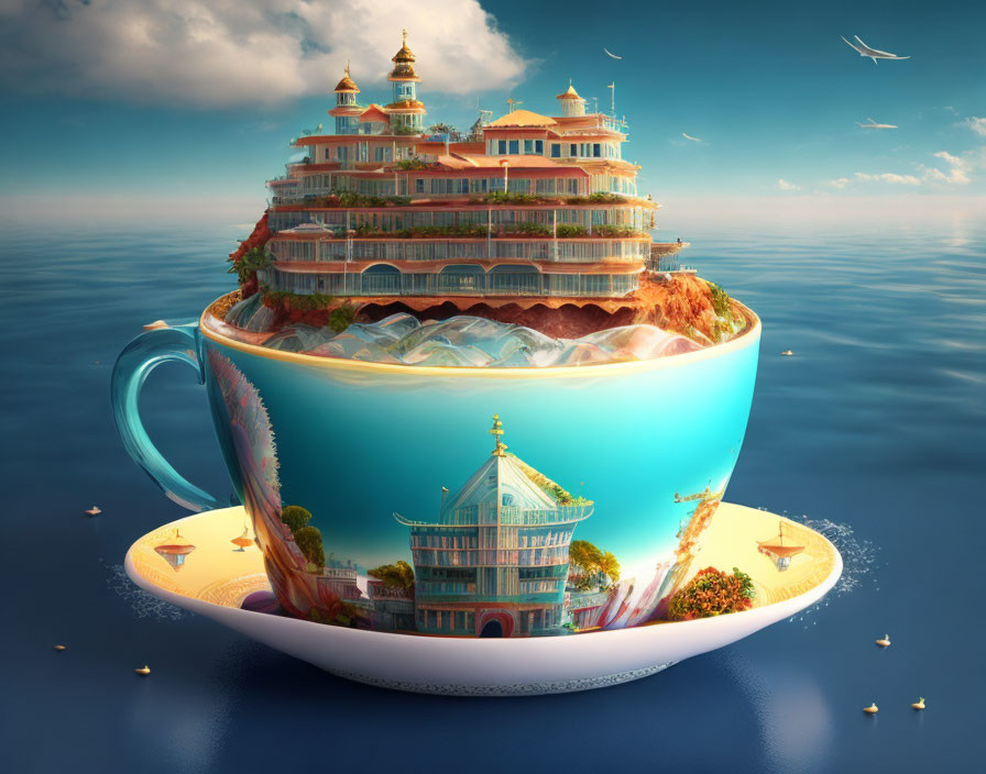 Surreal multi-tiered palace in giant teacup on ocean with saucer and seag