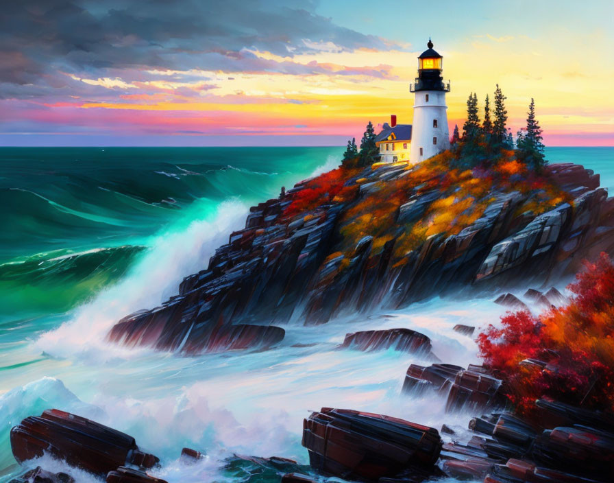 Vibrant lighthouse on cliff with autumn foliage, stormy sea, dramatic sunset.