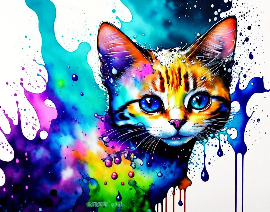 Colorful Cat Head Emerging from Vibrant Paint Splash