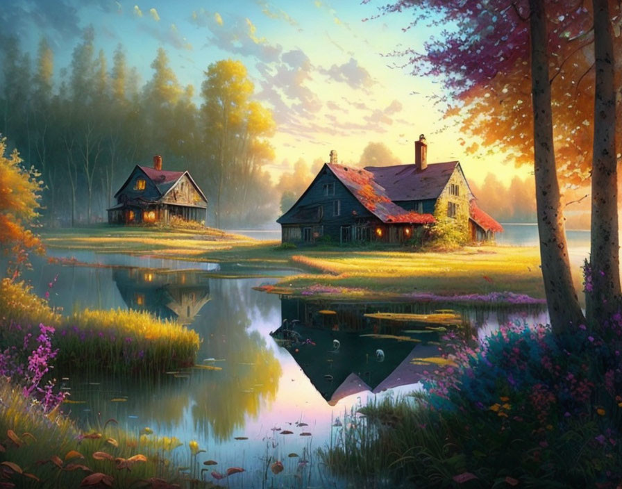 Tranquil lake with rustic cottages in autumn landscape