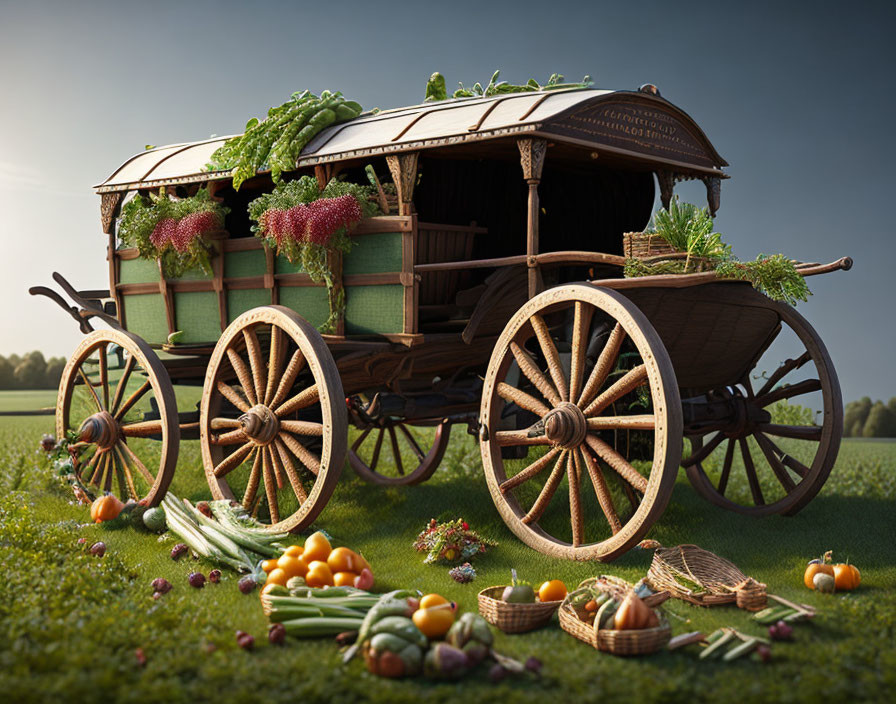 Rustic wooden cart overflowing with fresh vegetables in a field