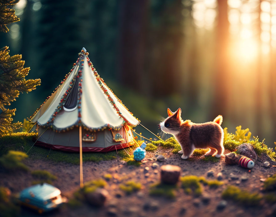 Adorable kitten by miniature tent in pine tree forest with sunlight