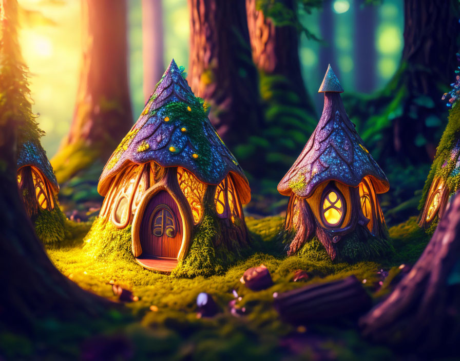 Whimsical fairy-tale houses in enchanted forest scene