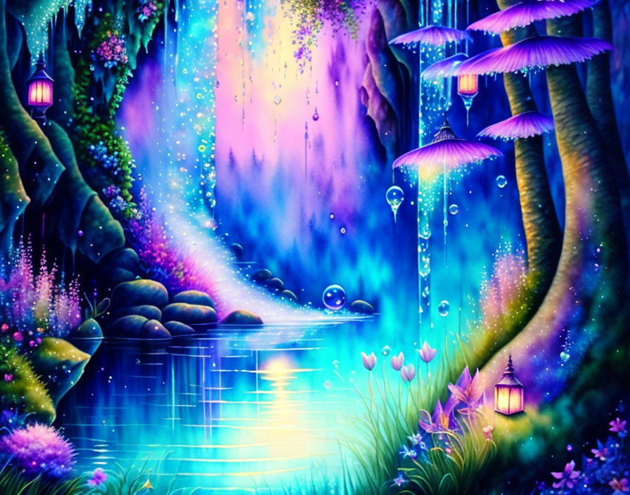 Fantasy landscape with neon hues, mushroom structures, lanterns, waterfalls, and reflective pond.