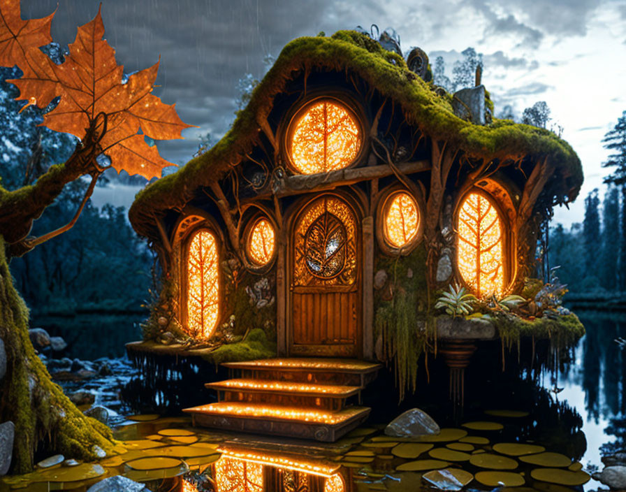 Enchanted forest cottage with glowing orange windows and moss-covered roof