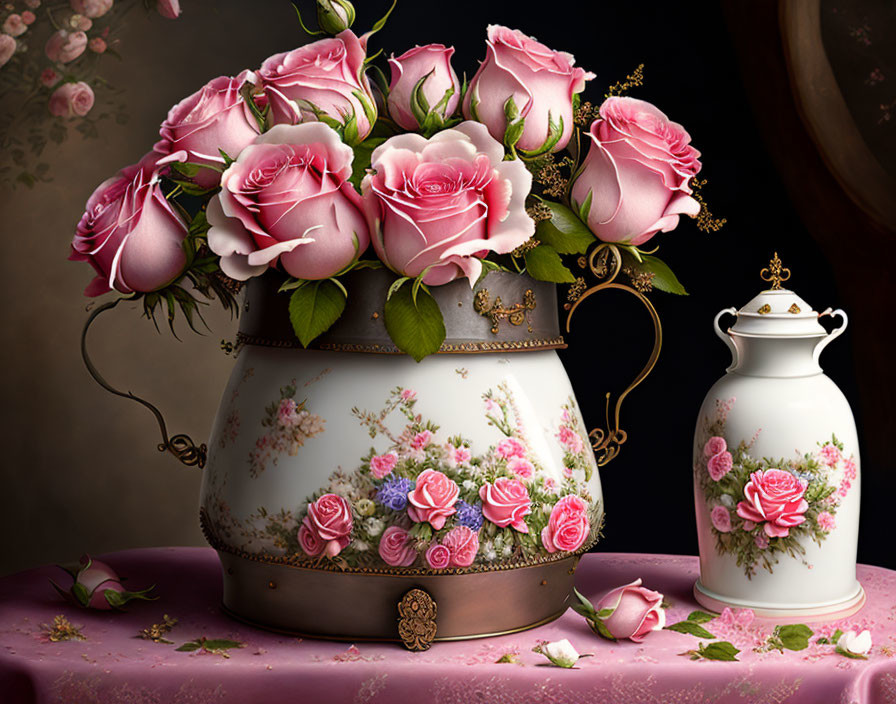 Pink roses in ornate vase with decorative urn on moody backdrop