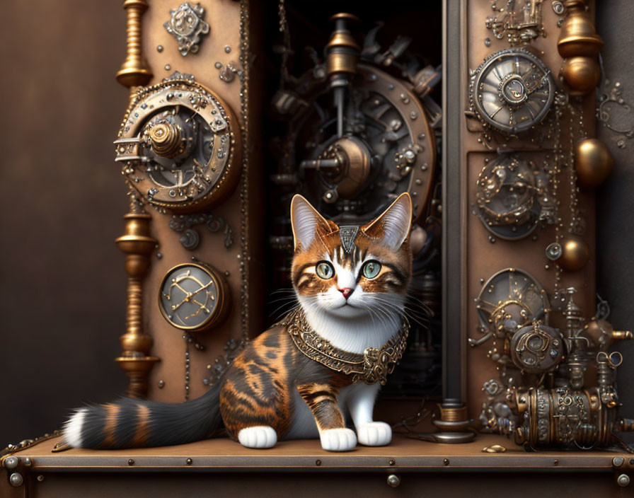 Steampunk-themed cat with mechanical designs and gears in vintage fantasy setting