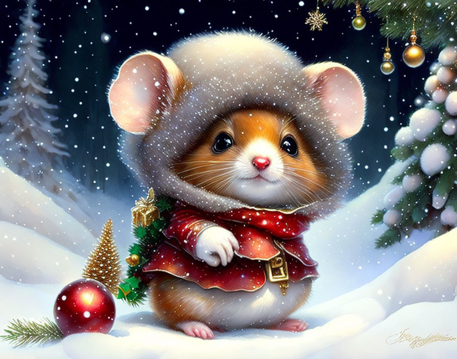 Illustrated mouse in Santa hat and cloak in snowy Christmas scene