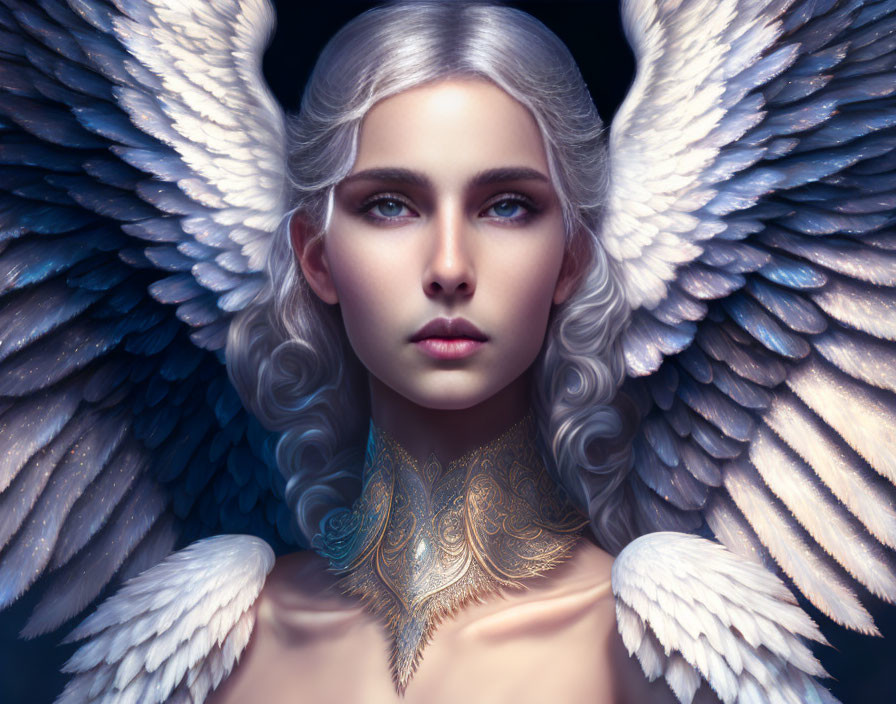 Ethereal woman portrait with white hair and wings, gold neck detail on dark background