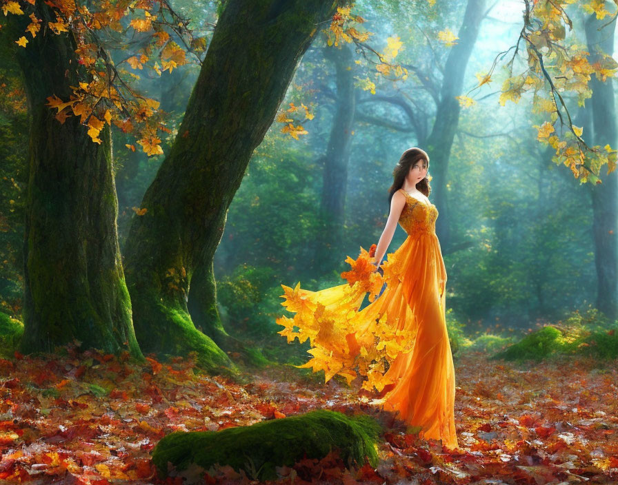 Woman in orange dress surrounded by autumn leaves in sunlit forest