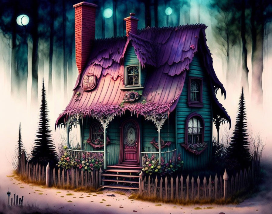 Eerie house with purple roof in moonlit night