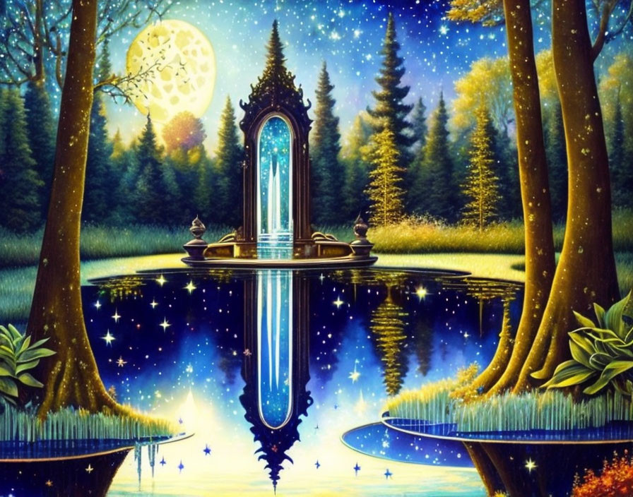 Fantasy landscape with mirror-like lake, full moon, gothic window, lush forest