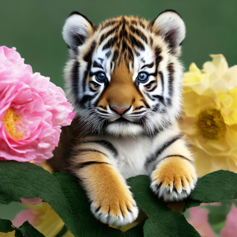 Tiger Cub with Blue Eyes Among Pink and Yellow Flowers