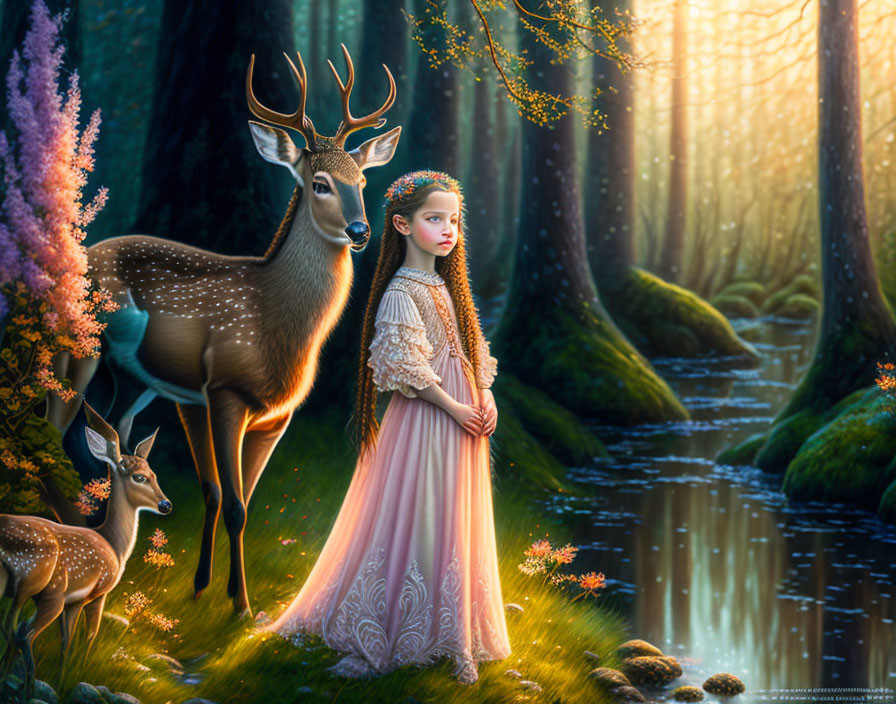 Girl in Pink Dress with Deer in Enchanted Forest and Vibrant Flora