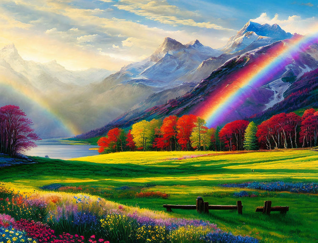 Colorful landscape painting with rainbow, trees, lake, and mountains.