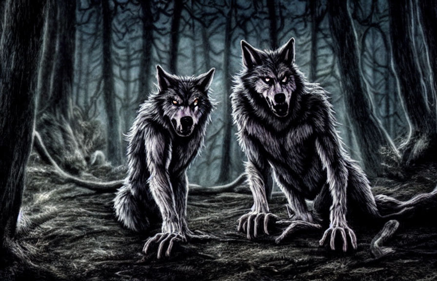 Dark forest scene: Two snarling wolves under night sky