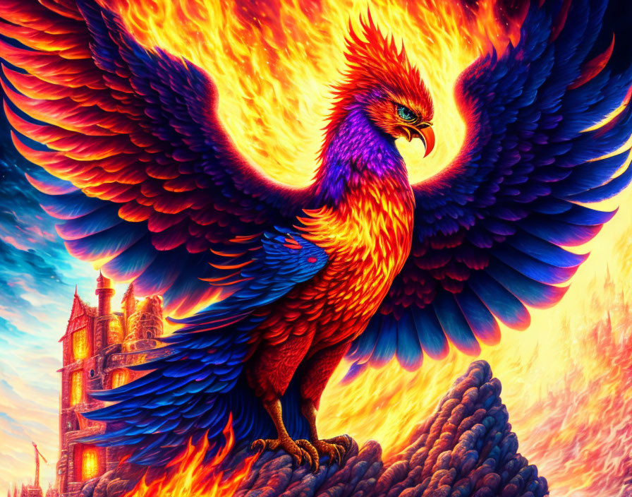 Colorful Phoenix with Fiery Wings on Rocky Peak and Burning Sky Castle