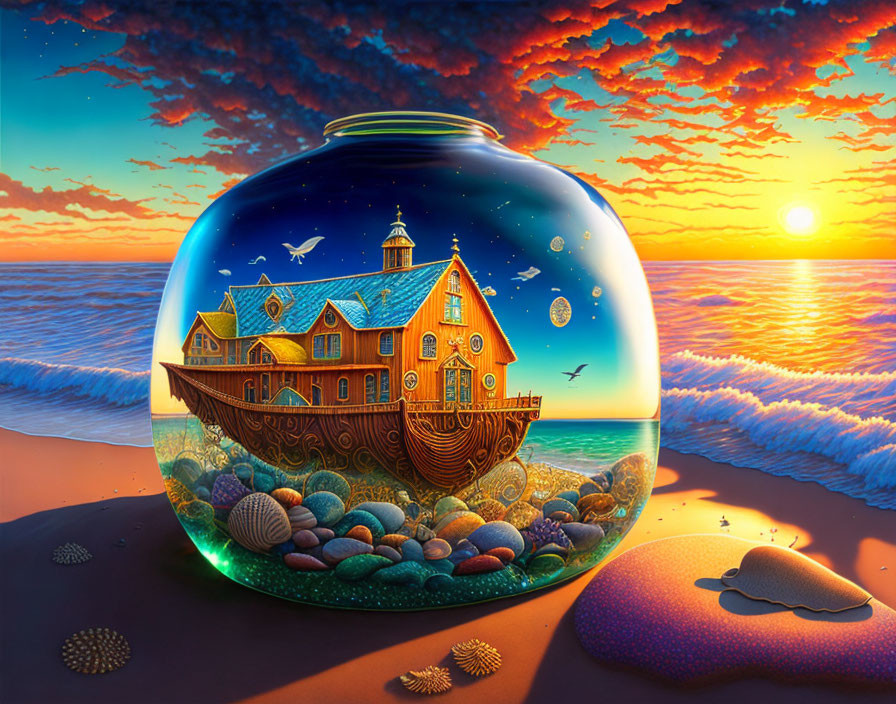 Ship-shaped house in fishbowl on beach at sunset with vibrant skies and tranquil sea