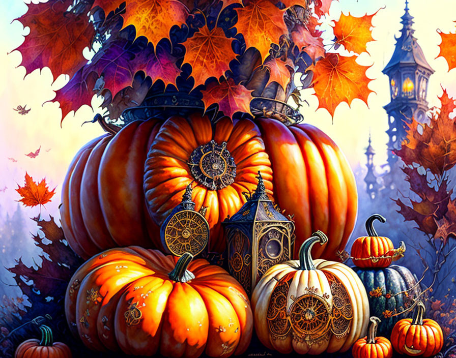 Intricately decorated pumpkins in vibrant autumn setting