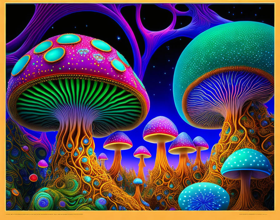 Fantasy landscape with neon mushrooms and twisted trees