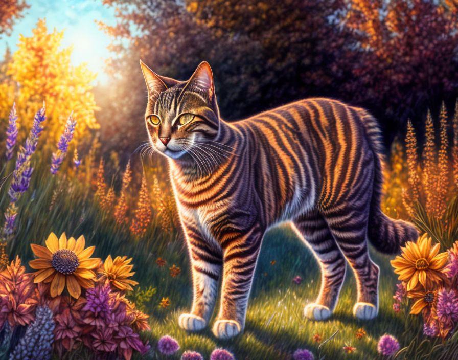 Striped Cat in Colorful Garden at Sunset with Vibrant Flowers