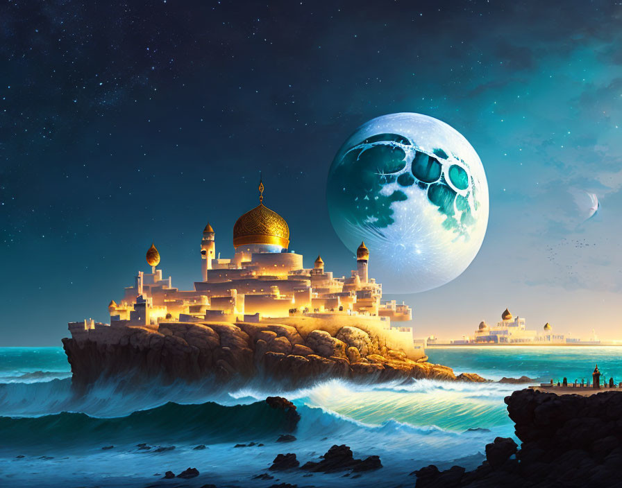 Majestic palace on cliff by sea under night sky