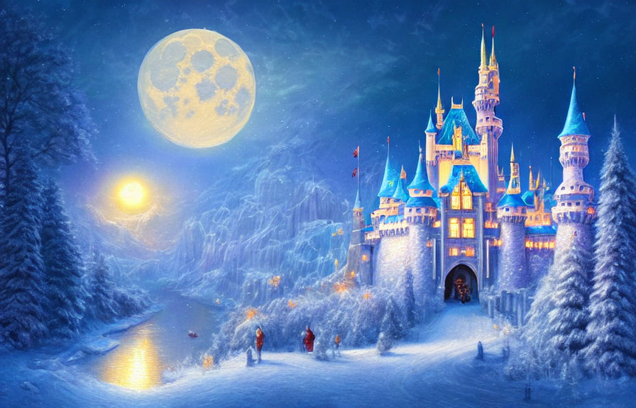 Enchanting snowy night scene with fairytale castle, moonlit river, and figures walking.