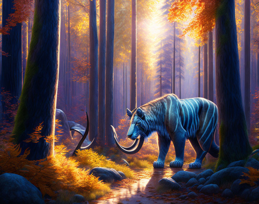 Blue-striped tiger with tusks in autumnal forest under golden sunlight