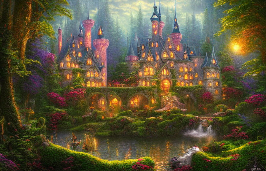 Fairytale castle in lush forest with waterfall and glowing light