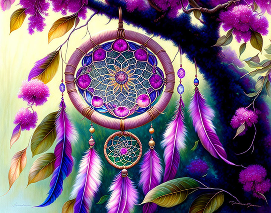 Colorful Dreamcatcher with Purple and Pink Feathers Hanging from Tree