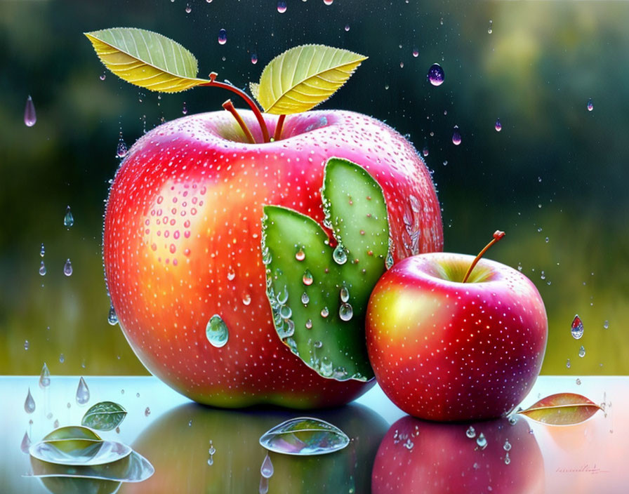 Hyper-realistic image of large and small apples with water droplets on reflective surface